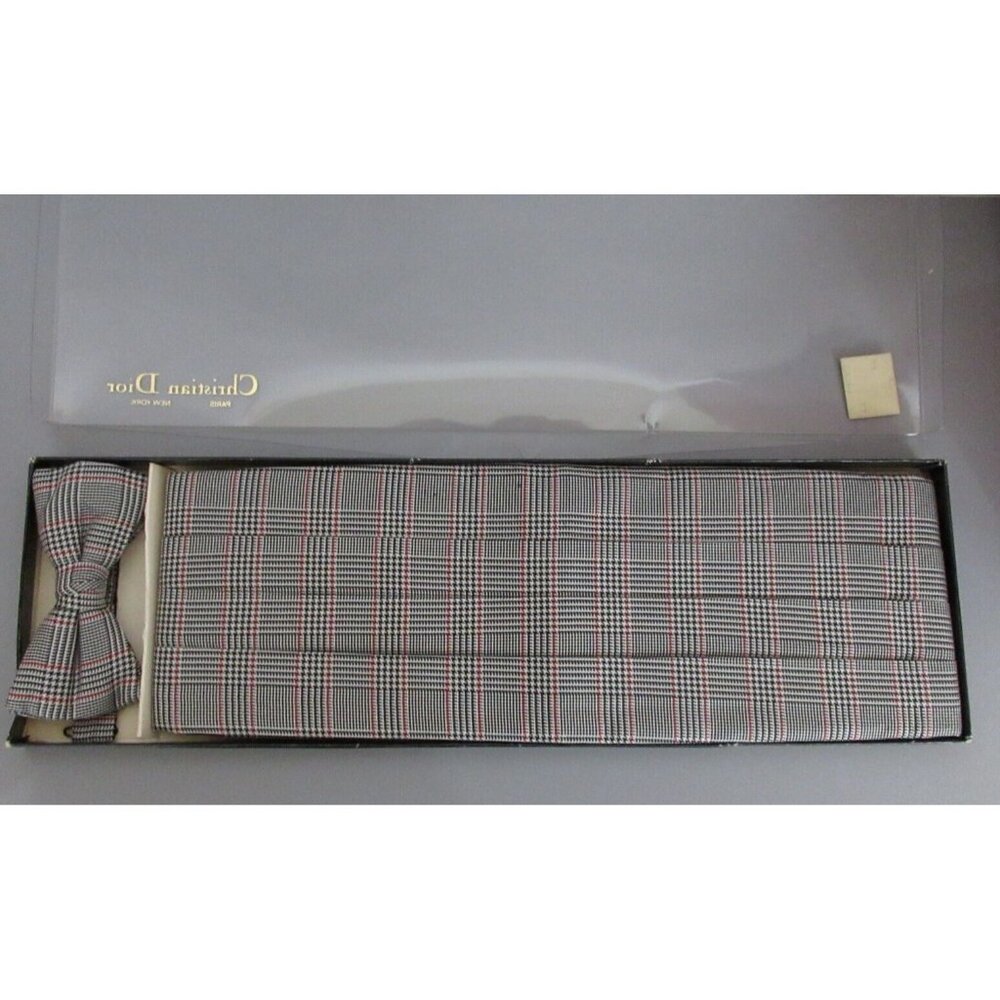 Christian Dior Mens Cummerbund & Bow Tie Set Plaid Orig. Box Tuxedo Prom Wedding